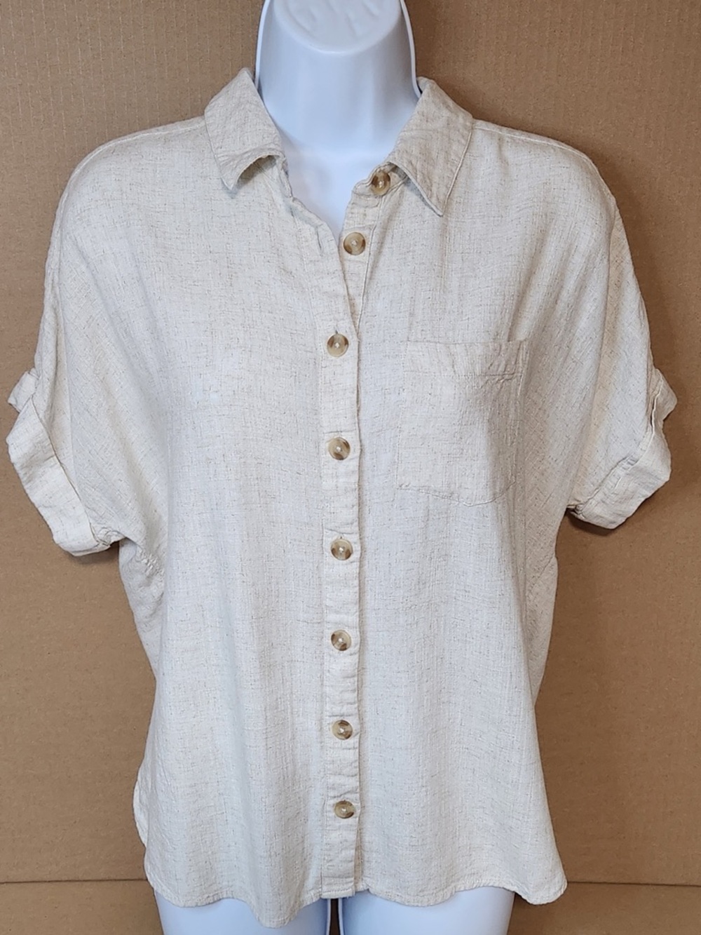 Soft Surroundings Cream Short-Sleeve Button-Down Shirt Sz PM